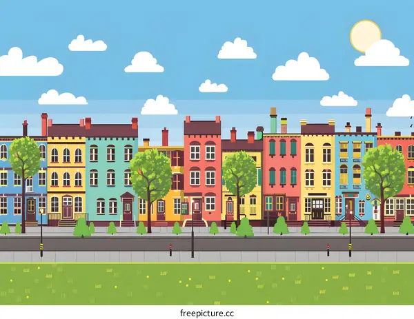 Colorful Cartoon Townhouses on a Sunny Day