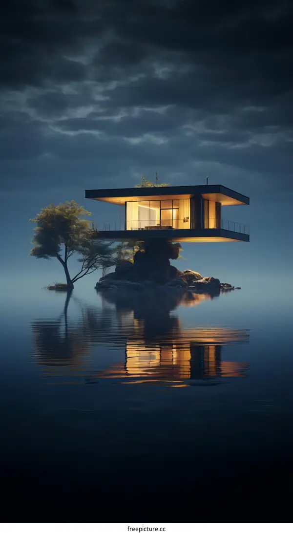 futuristic house on lake at night
