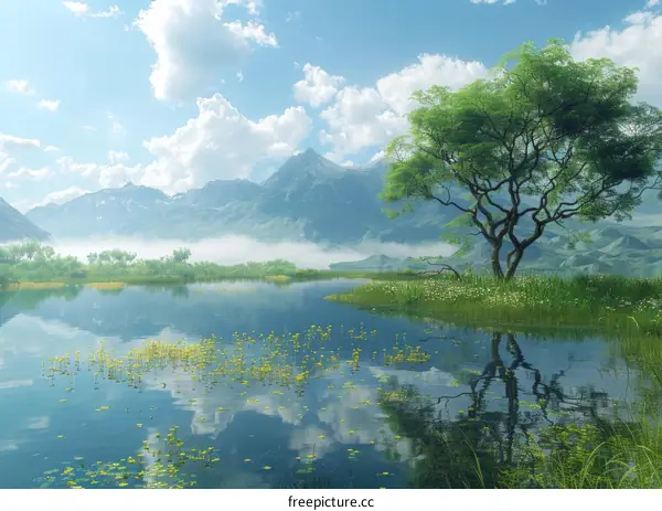Serene Mountain Lake Scenery Illustration