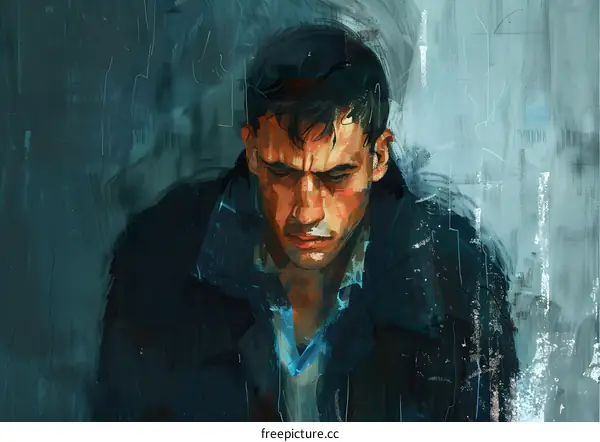 A painting of a man looking down with a serious expression on his face