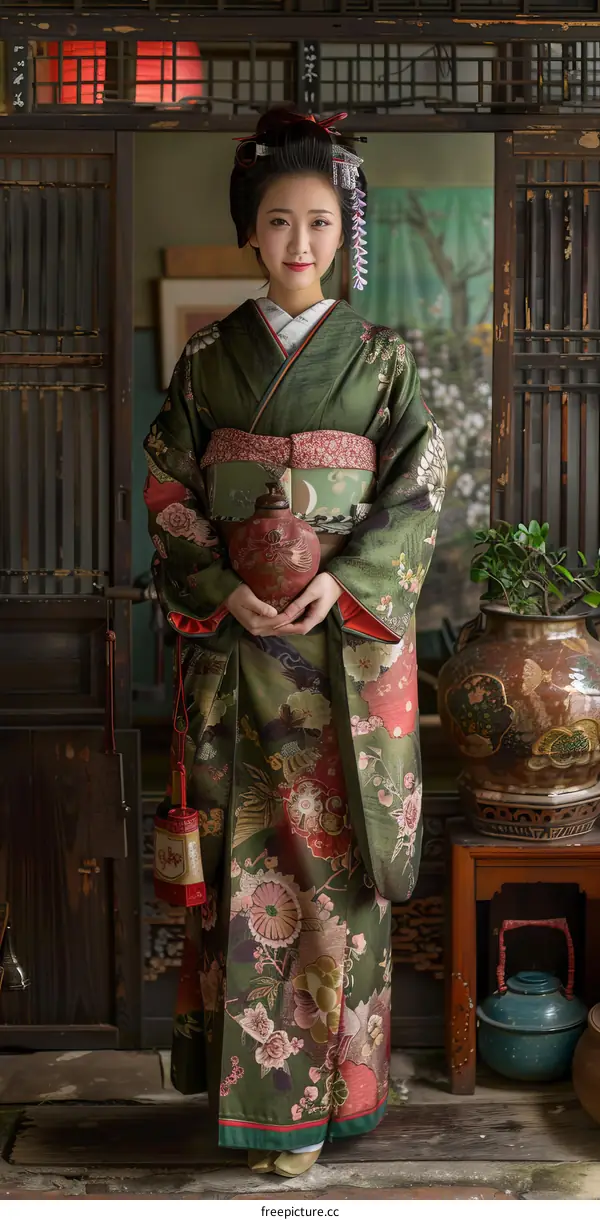 A woman wearing a kimono is holding a vase.