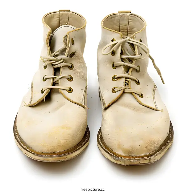 Pair of old white boots on white background