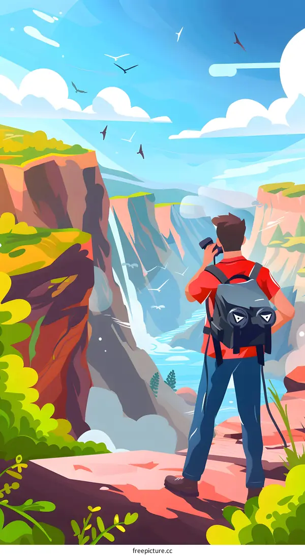 Man with Backpack Taking Picture of Waterfall in Mountains