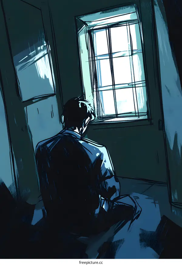 Man Sitting By Window Looking Out