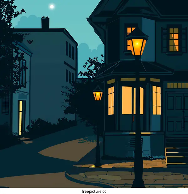 Night Street View with Streetlights and Buildings