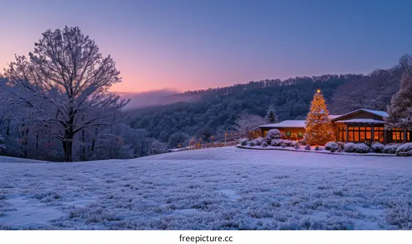 A snowy field with a cabin in the distance and a large decorated Christmas tree in front of it
