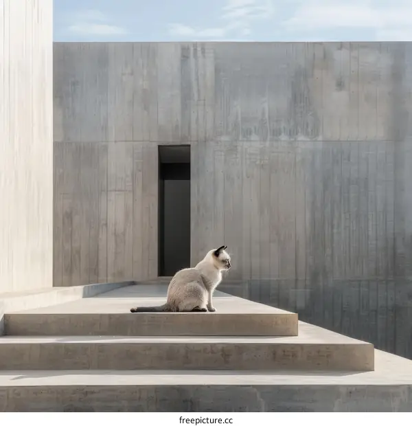 A gray cat is sitting on the concrete floor in front of a concrete wall.