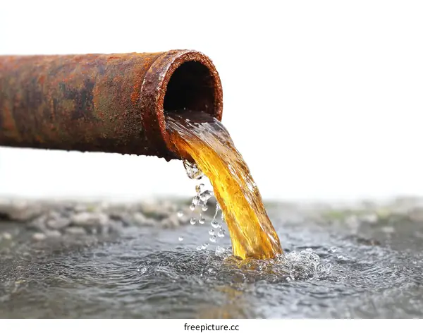 Rusty pipe discharging polluted water into a stream