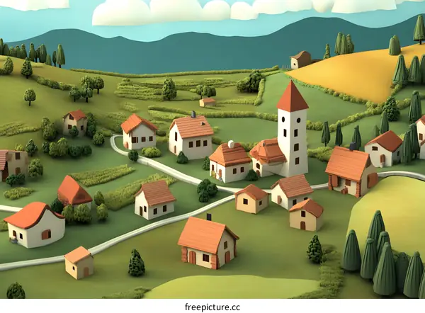 Cartoon Illustration of a Village in a Green Meadow