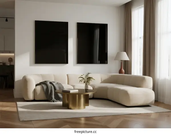 Modern Living Room with Curved Sofa and Wall Art