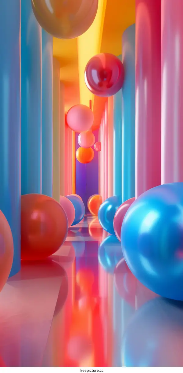 Pink and Blue Pastel 3D Hallway With Spheres