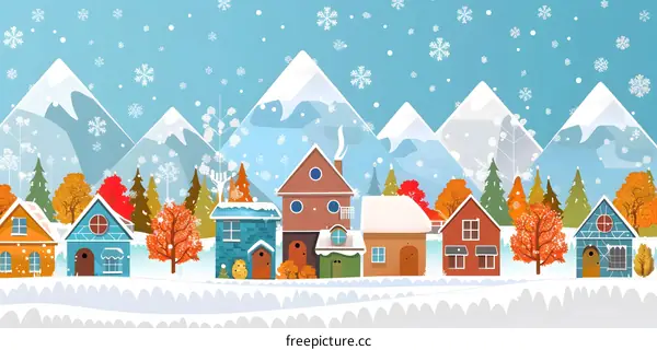 Winter Village with Mountains and Snowflakes