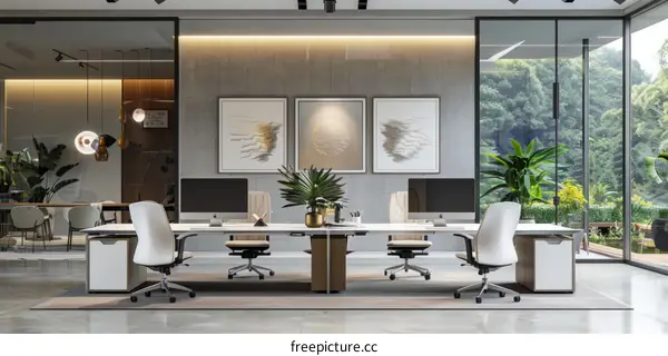 Modern office interior with large windows and green plants