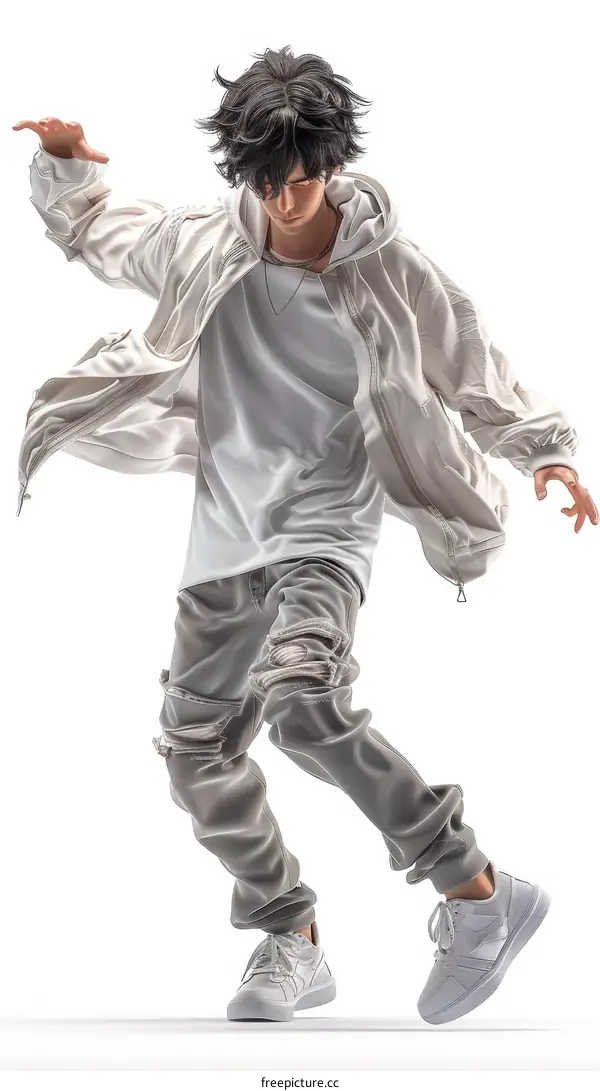 A young man in a white shirt and gray pants is dancing.