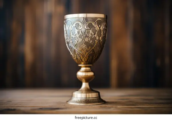 ornate golden goblet on a wooden table