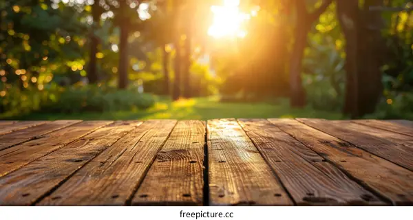 An Empty Wooden Table in a Lush Green Forest