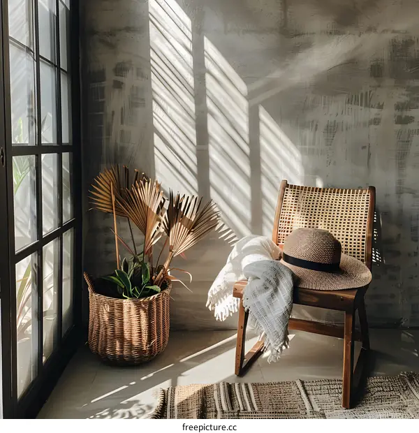 Minimalist Interior Design with Wooden Chair and Dried Palm Leaves