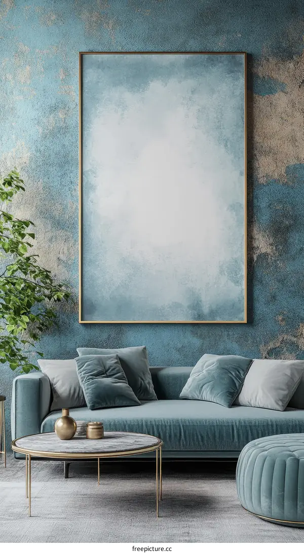 Modern Living Room Interior Design with Teal Sofa and Artwork