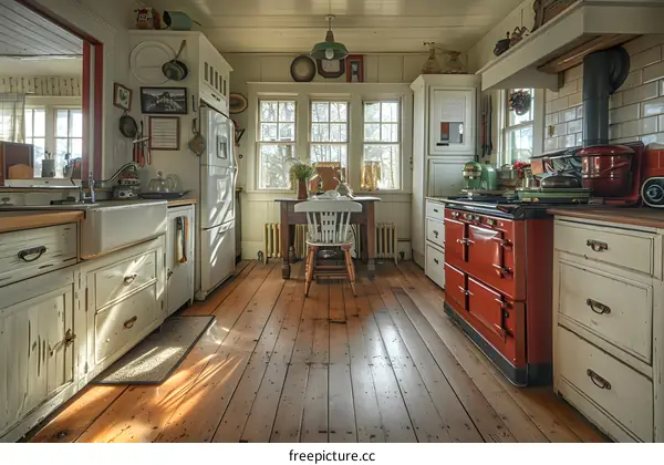 Retro red stove in a vintage kitchen