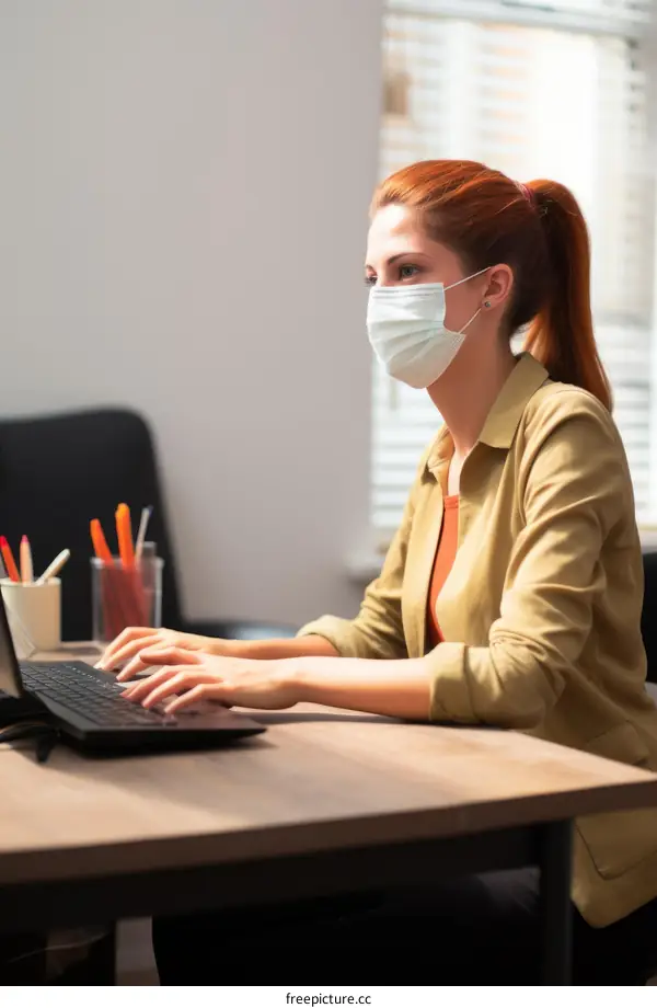 Redhead woman wearing a surgical mask while working at her desk
