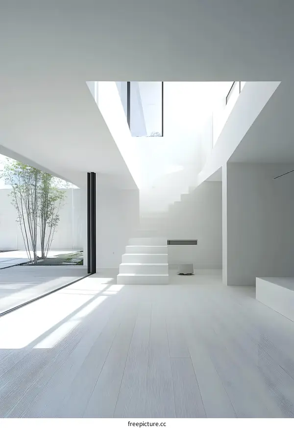 Modern Minimalist White Interior Design with Stairs and Skylight