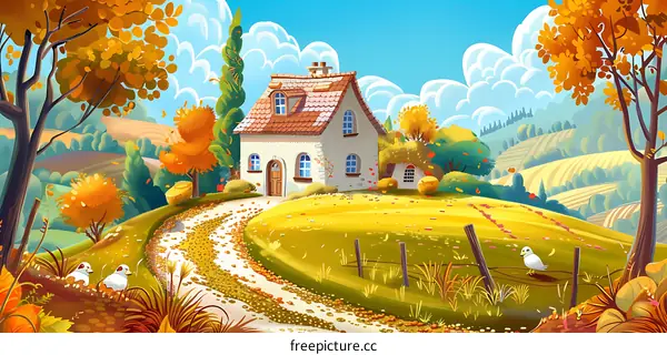 Autumn Landscape with Small Cottage and Winding Path