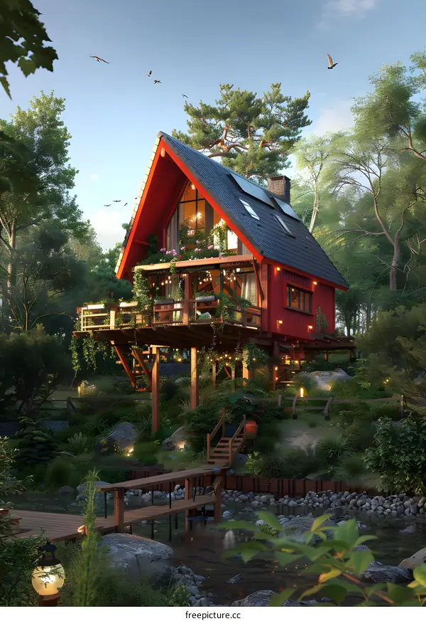 Red Cabin with Deck and Bridge in Forest
