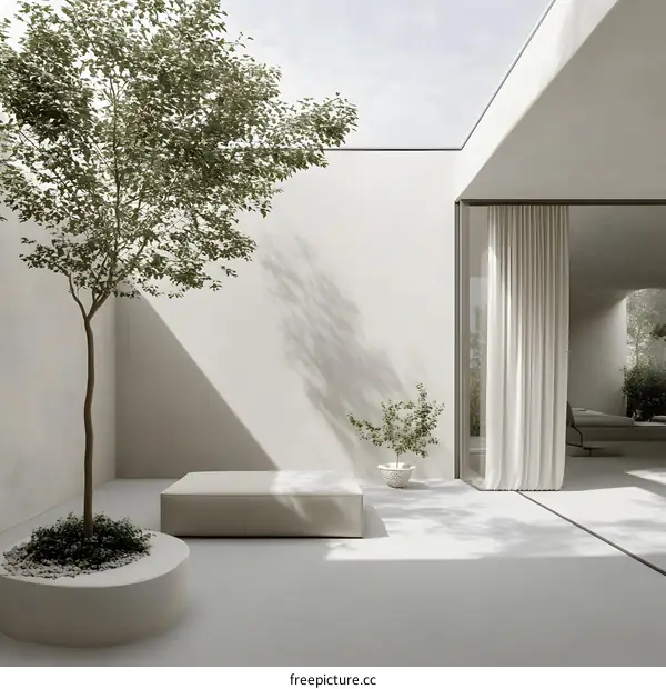 Minimalist Patio Design with White Walls and Green Plants