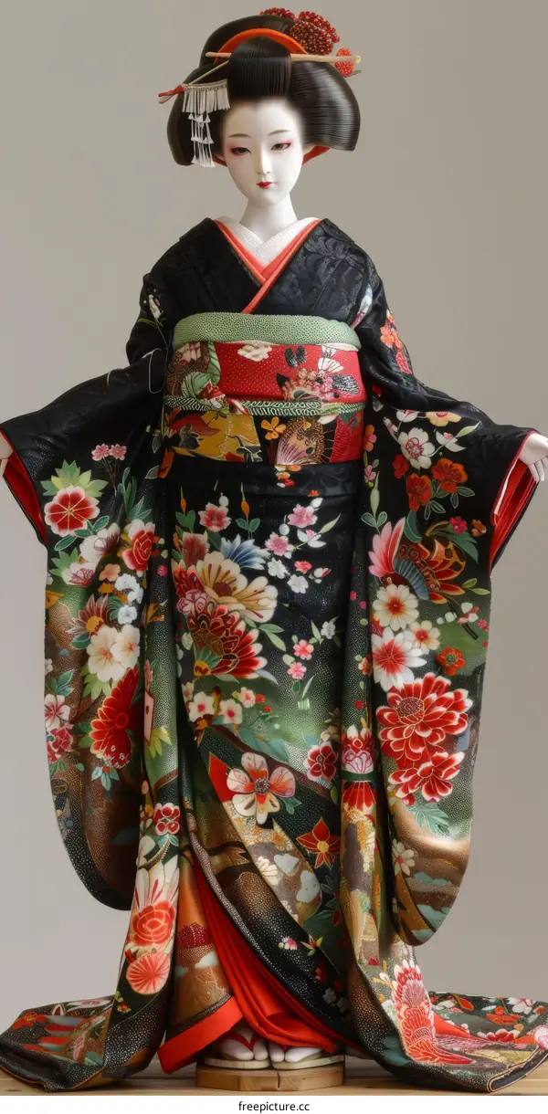 A Japanese doll wearing a kimono with floral patterns