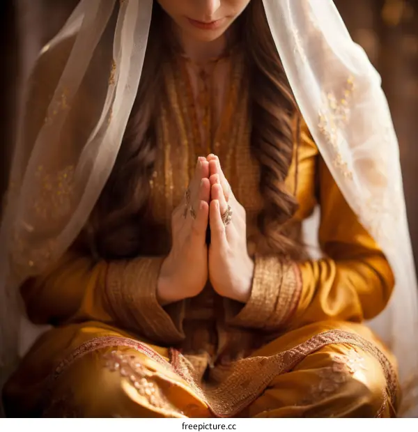 Praying woman in traditional middle eastern clothing