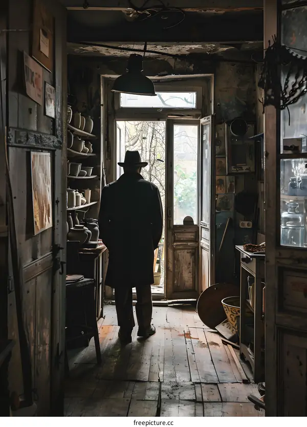 Man in a hat standing in a doorway looking out at a tree