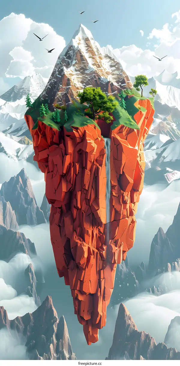 Floating Island With Waterfall And Trees