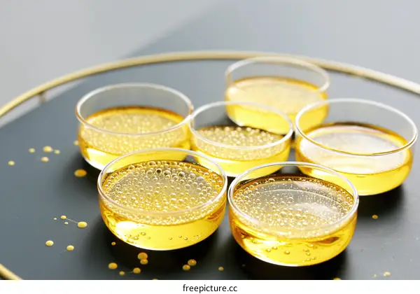 Small Glass Dishes with Golden Liquid
