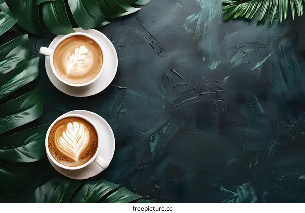 Two Cups of Coffee with Latte Art on Green Background