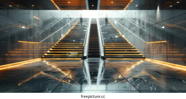 Futuristic City Subway Station Interior with Escalator and Stairs