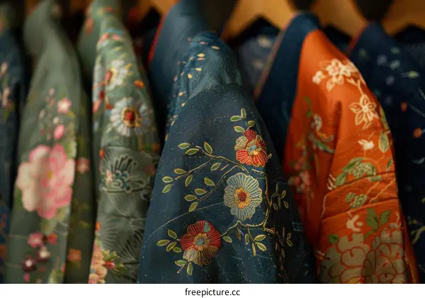 Close Up of Floral Embroidered Silk Robes Hanging on a Rack