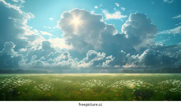 White clouds in the sky and flowers on the grass