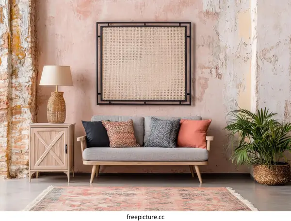 Modern Living Room with Beige Sofa and Wooden Furniture