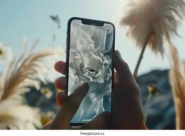 Close up of a hand holding a smartphone with a flower wallpaper, the phone is being held outside