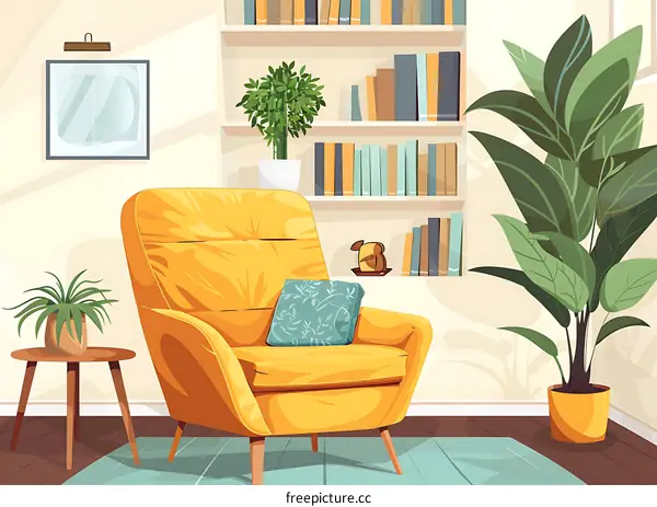 Cozy Living Room Interior Design With Yellow Armchair and Plants