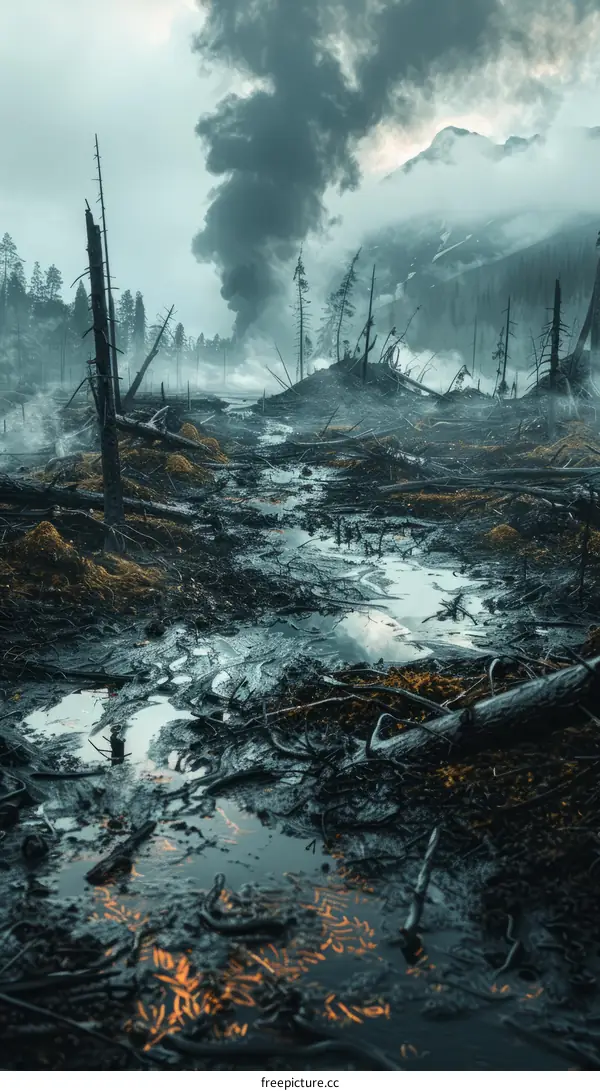 Post-Apocalyptic Landscape with Dead Trees and Flowing Lava