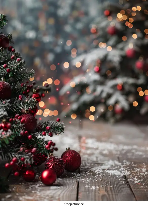 Christmas tree with red ornaments and lights in the background