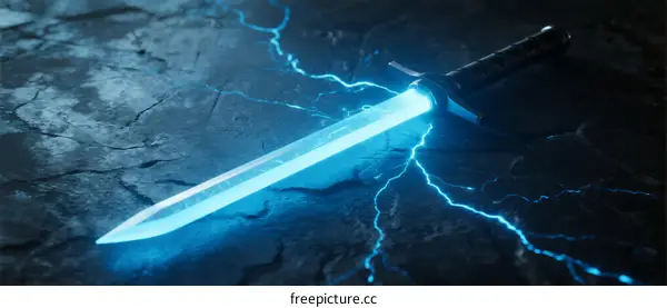 Blue glowing sword with lightning effects on dark cracked ground