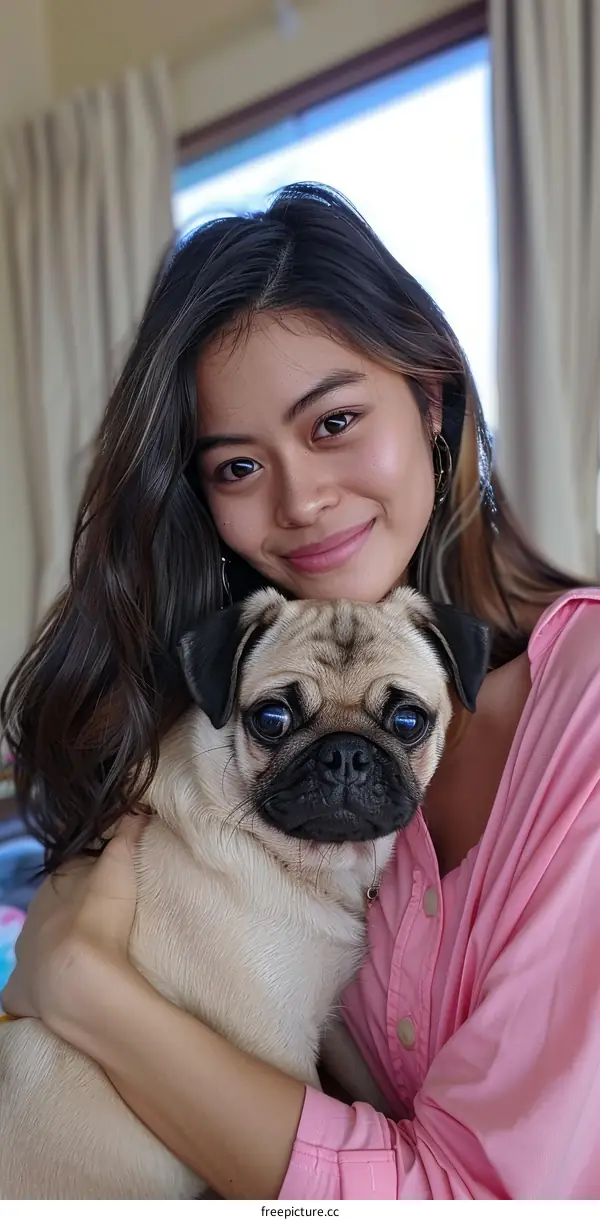 pug puppy and girl