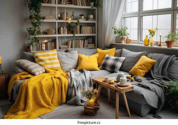 A cozy living room with a gray couch, yellow pillows, and a wooden coffee table