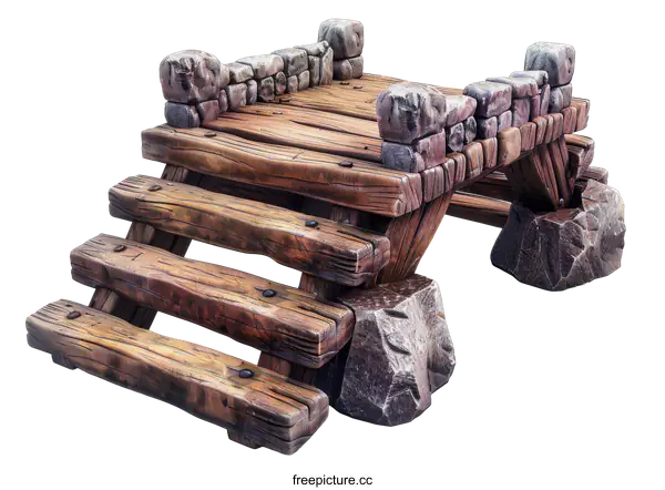 [Transparent Background PNG]A wooden bridge with stone accents on a black background