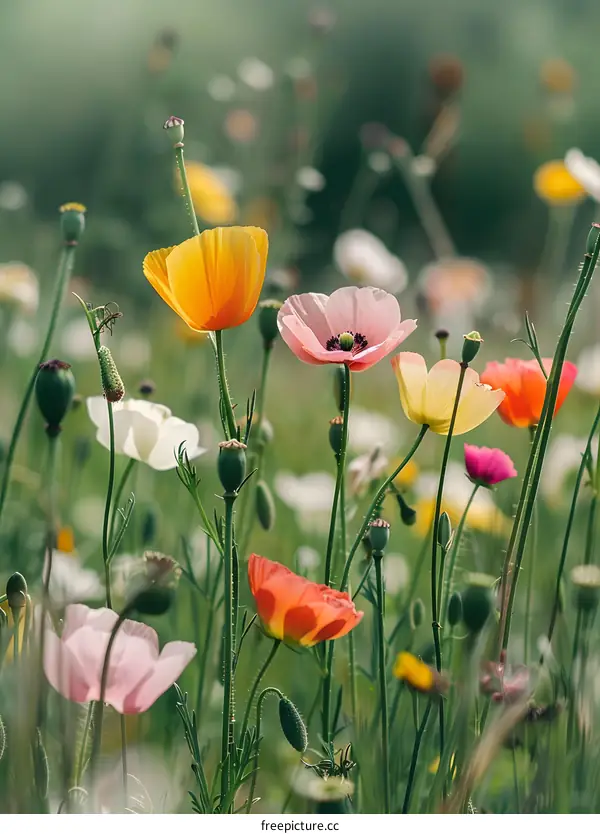 Field of Colorful Poppies in Bloom