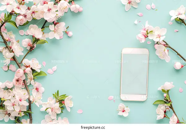 White Smartphone With Pink Flowers On Teal Background