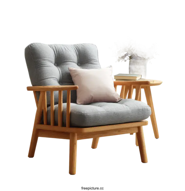 [Transparent Background PNG]Modern Wooden Armchair with Grey Upholstery