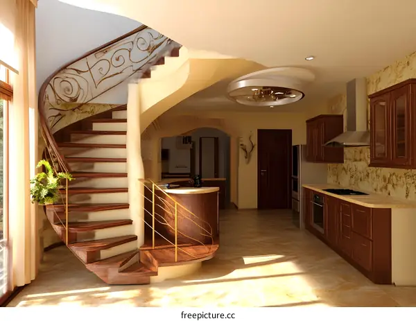 Modern Interior Design of a Kitchen with a Spiral Staircase
